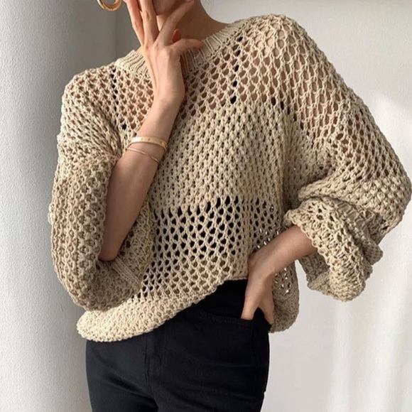 Crochet style sweater net khaki cover up long sleeve - Picture 1 of 4